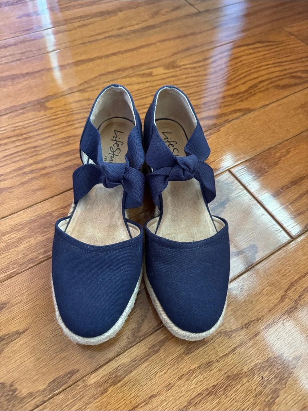 Life Stride Navy Canvas Espadrille Wedge with Bow Ankle Tie